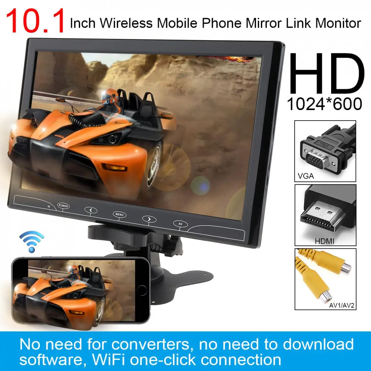 

10.1 Inch Black HD IPS 1024*600 TFT LCD Car Headrest Monitor support HDMI/VGA/AV/Wireless Mobile Phone Mirror Link