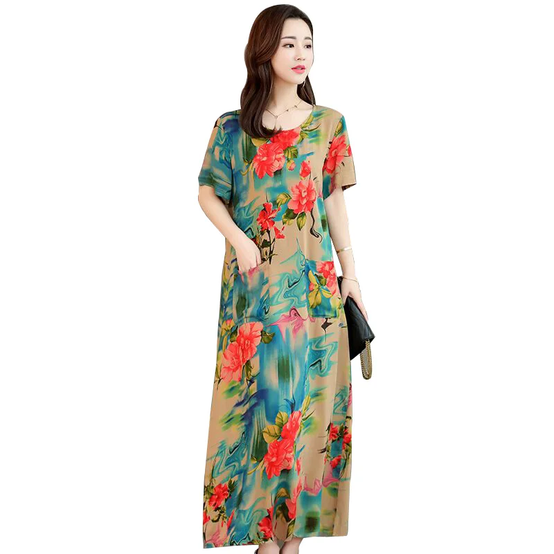 

FANMUER New women summer dresses casual print long dresses o-neck short sleeve vintage maxi dress plus size vestidos