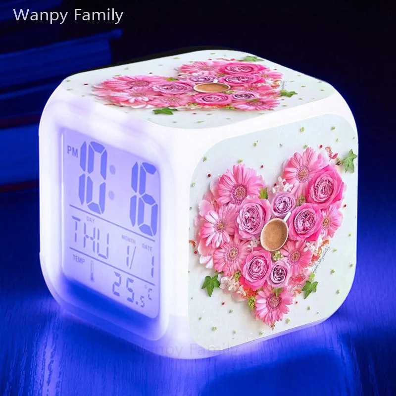 Heartshaped Loving Heart Rose Alarm Clocks 7 Color Glowing Led