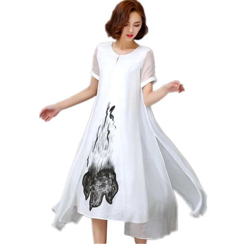 

Vintage Dress Fashion Women Spring Summer White Black Ink Print Long Dress irregular elegant Linen Casual Dresses vestidos 4XL