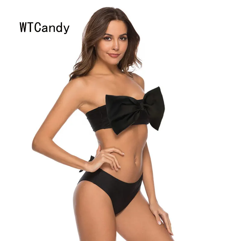 WTCandy большой комплект бикини с бантом Для женщин сплошной черный купальник