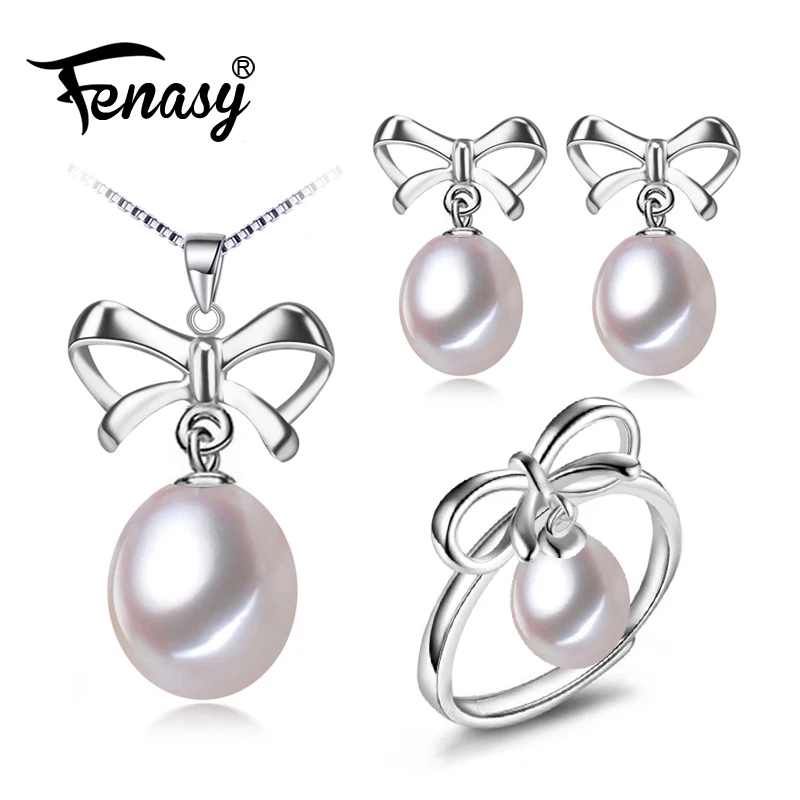 

FENASY Bridal Pearl Jewelry sets,best friends Natural Pearl pendant Necklace women/bowknot earrings,cute pearl earrings female