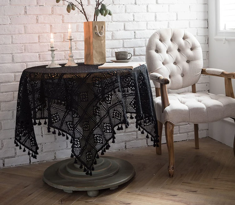 2019NEW الرعوية سماط جولة الجدول غطاء القطن البيج أسود الكروشيه مفرش طاولة ومفارش الموائد وليمة عرس مع شرابة