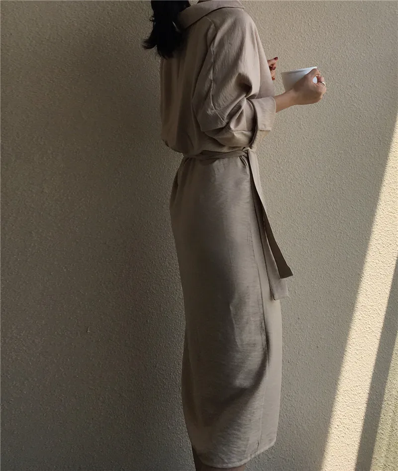 Женское осеннее элегантное однотонное облегающее длинное платье-рубашка с v-образным вырезом, женское однотонное платье больших размеров с длинным рукавом, женская одежда