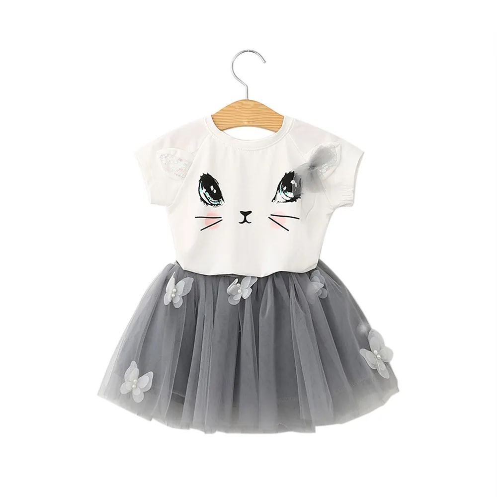 

Girls Cat Pattern Shirt Top Butterfly Tutu Skirt Set Clothing 2018 New Summer Casual Children Sets Suit For 3-7 Years supplies