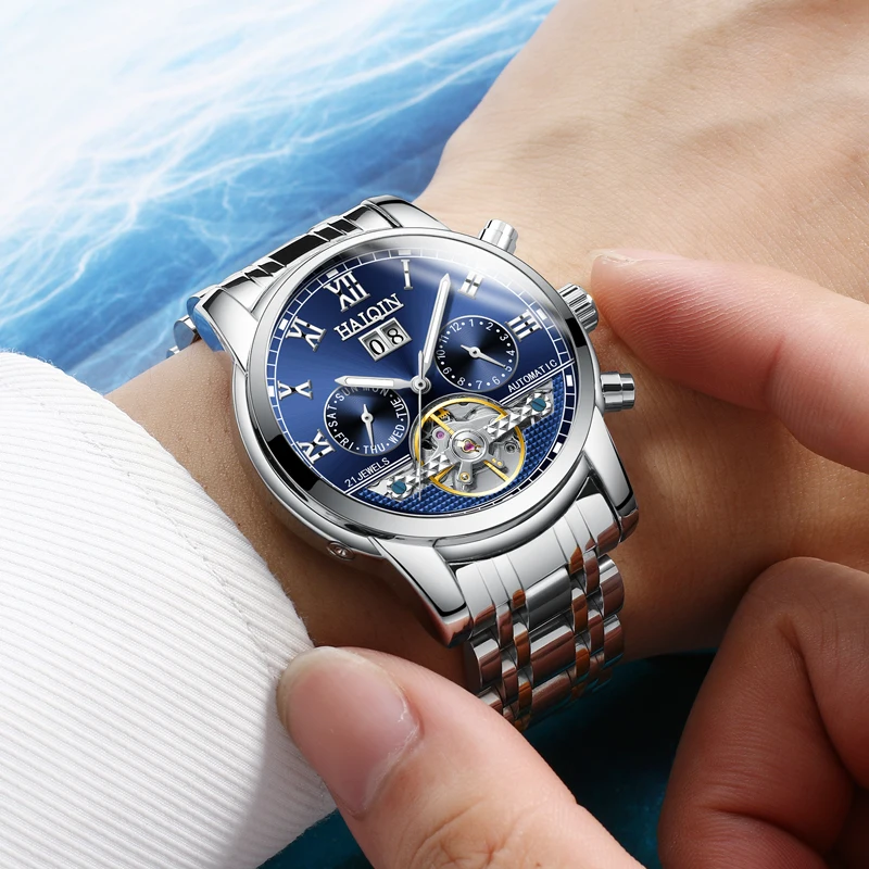 Ceny 2019 Top marka luksusowe HAIQIN męskie zegarki mechaniczny zegarek człowiek zegar automatyczny zegarek mężczyźni wodoodporny Tourbillon Relogio Masculino