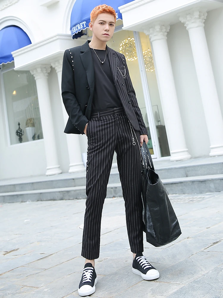 

custom POP Men's Spring 2019 tide men's small suit slimming personality stitching suit double
