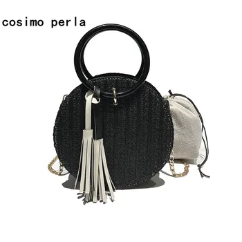 

Tassel Chain Straw Beach Bags Round Handle Crossbody Bag for Women composite Flap Purse Small Leather Circular Handbags INS 2020