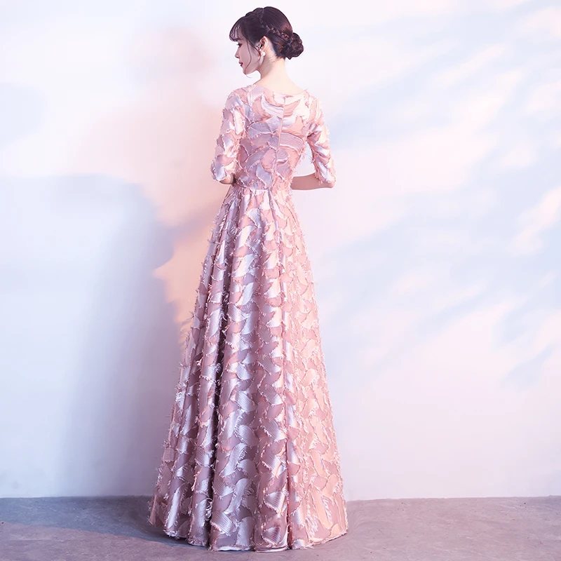 Розовые длинные элегантные вечерние платья с круглым вырезом Половина рукава Кружева вечерние длинные платья выпускного вечера LF326