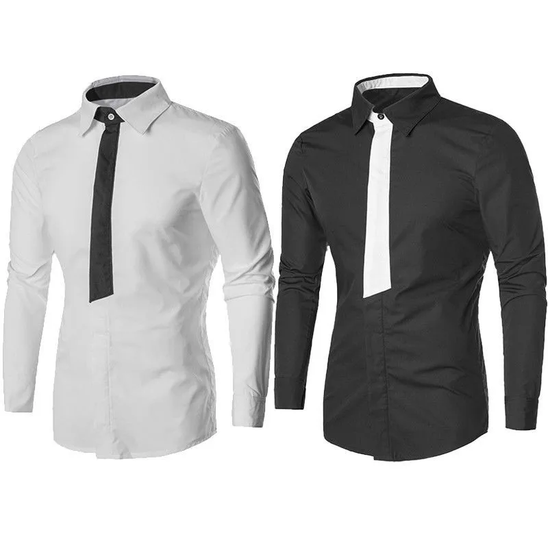 

Fashion Men Casual Stylish Slim Fit Long Sleeve Fake Tie Shirt Casual Work Wedding Shirt