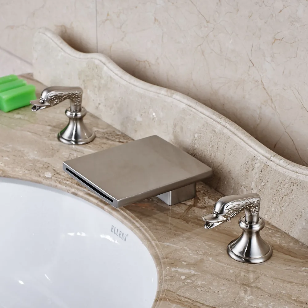 

Brushed Nickel Waterfall Spout Square Bathroom Basin Faucet Dual Handles