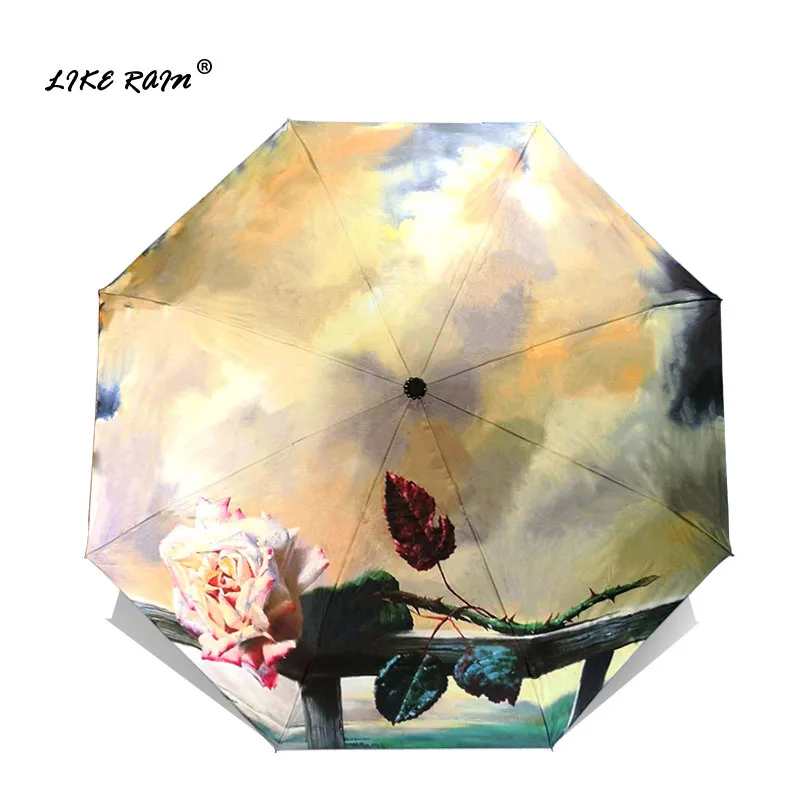 LIKE RAIN New Romantic Rose Flower Umbrella Rain Women Beach Umbrellas Creative Oil Painting Sun Anti-UV Kids Parasol YHS04