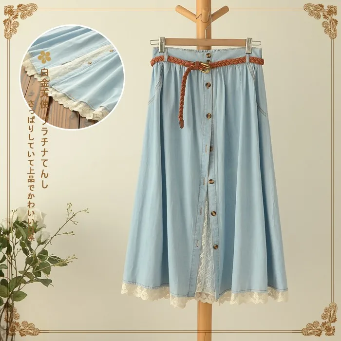 Women Denim Skirt Lace Patchwork Mid Calf Japanese Style Single