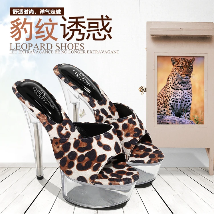 Shoes Woman New Platform Slippers Transparent Crystal Leopard High Heels 15cm Waterproof Shoes Big Size Female Slippers