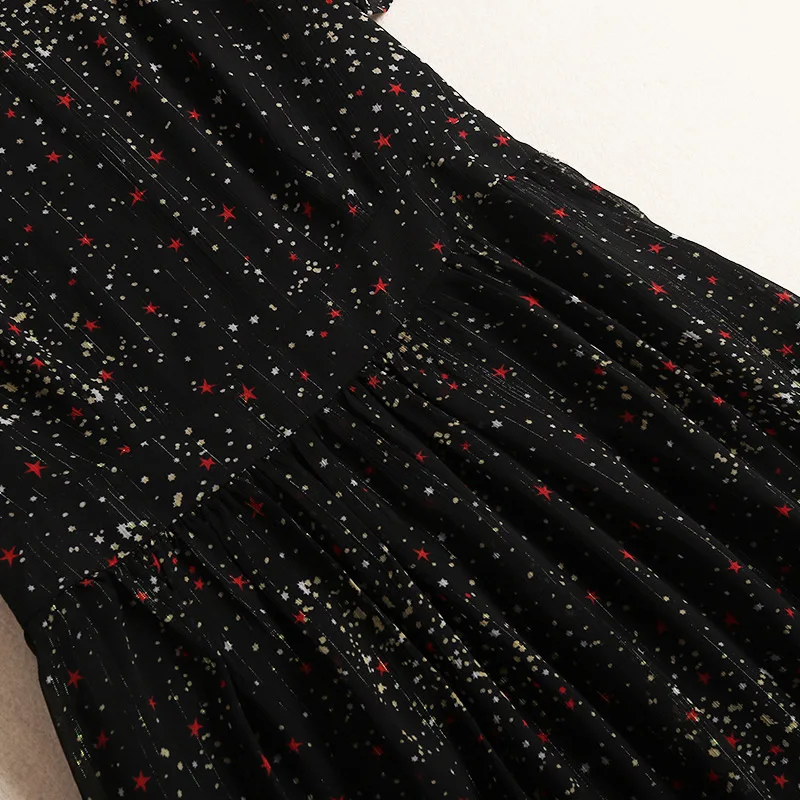 Shuchan Dress Female Summer A-line Print Stars Chiffon Patchwork Lace Sexy Mid-Calf Vestidos Mais Vendido High Quality 11600