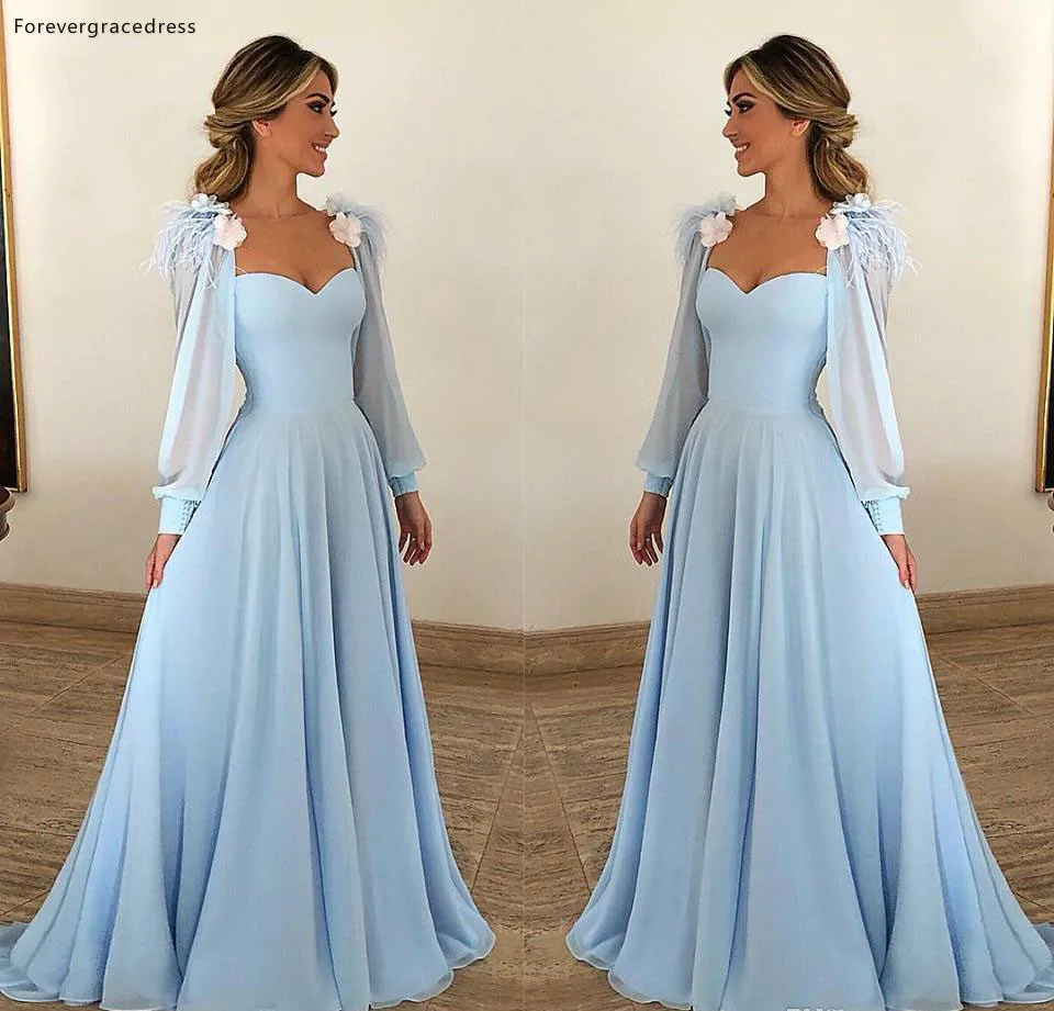 Sky Blue Poet Long Sleeves Mother of Bride Groom Dresses Formal Evening Gowns A Line Square Neckline Flower Chiffon Long Party Prom Gowns  118 (1)