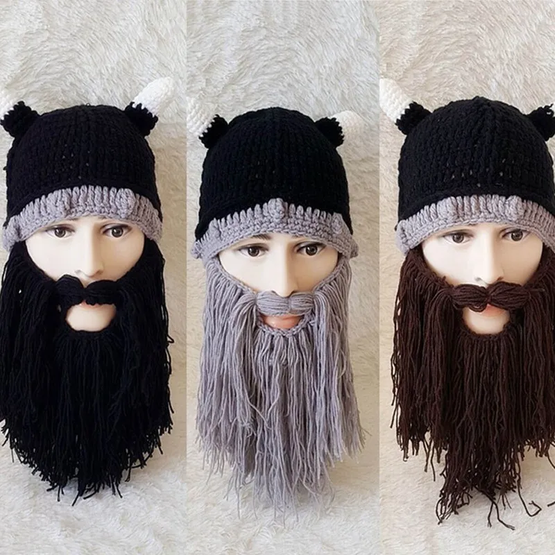 Мужские варварские бини с бородой викингов, шапка с рогом, ручная работа, зимние теплые модные подарки на день рождения, забавная шапка на Хэллоуин