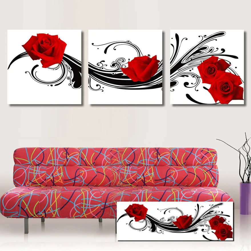 Pieces Abstract Red Rose Wall Painting Flower Canvas Art Printed For Drawin...