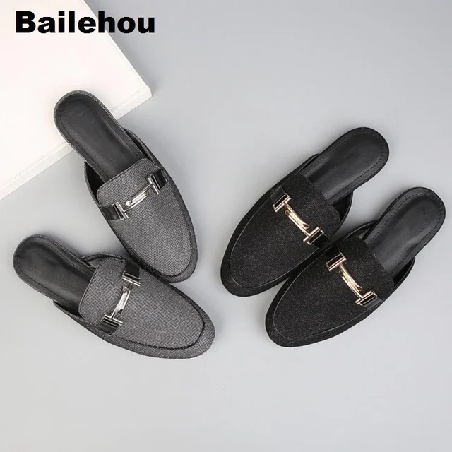 Bailehou New Women Slip On Slides Flat Women Casual Shoes Brand Buckle Sandals Bling Sequined Cloth Mules Zapatos Mujer Platform
