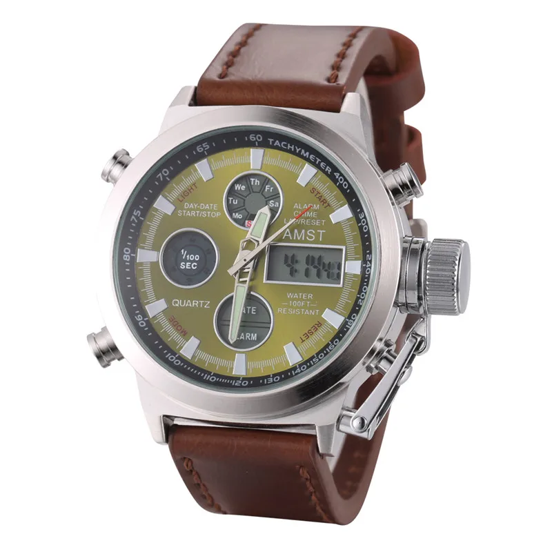 Новые AMST часы мужские люксовый бренд 5ATM 50m Dive светодиодный цифровой аналоговый кварцевые часы мужские модные спортивные военные наручные часы - Цвет: silver green