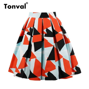 

Tonval Vintage Women Geometric Designs Pleated Skirts Womens Orange Print Plus Size Midi Skirt High Waist Summer Skirt