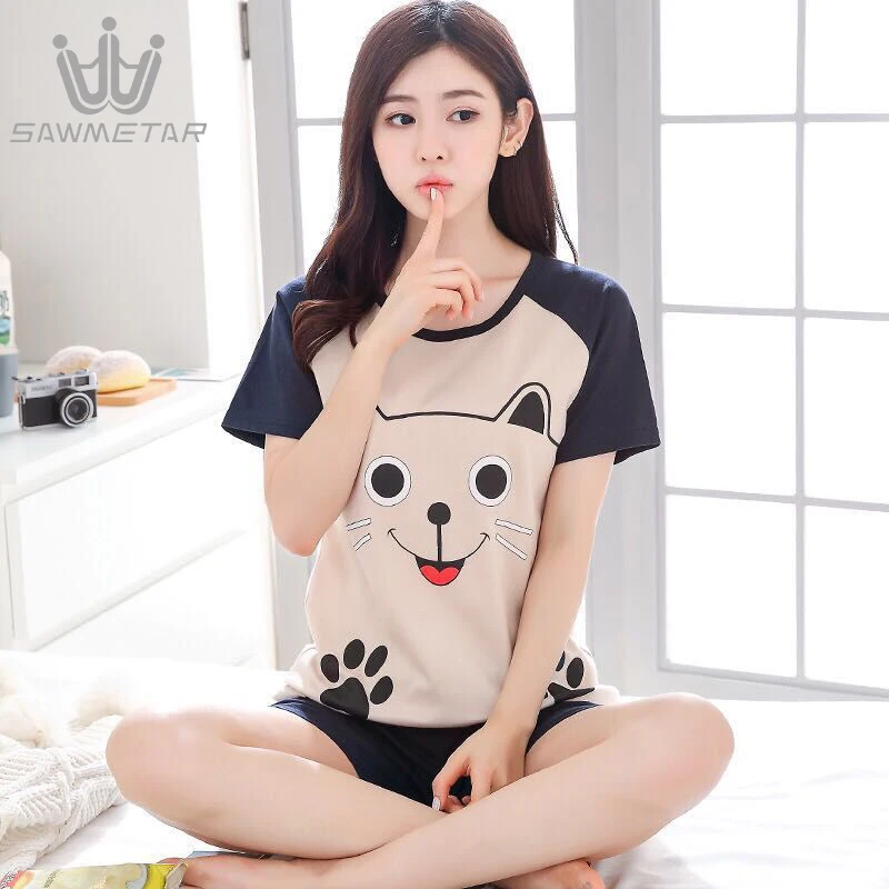 

Women Cartoon Printed Pyjama Cute Round Neck Short Sleeve Sleepwear Summer 15 Styles Spring 2019 New Woman Casual Homewear