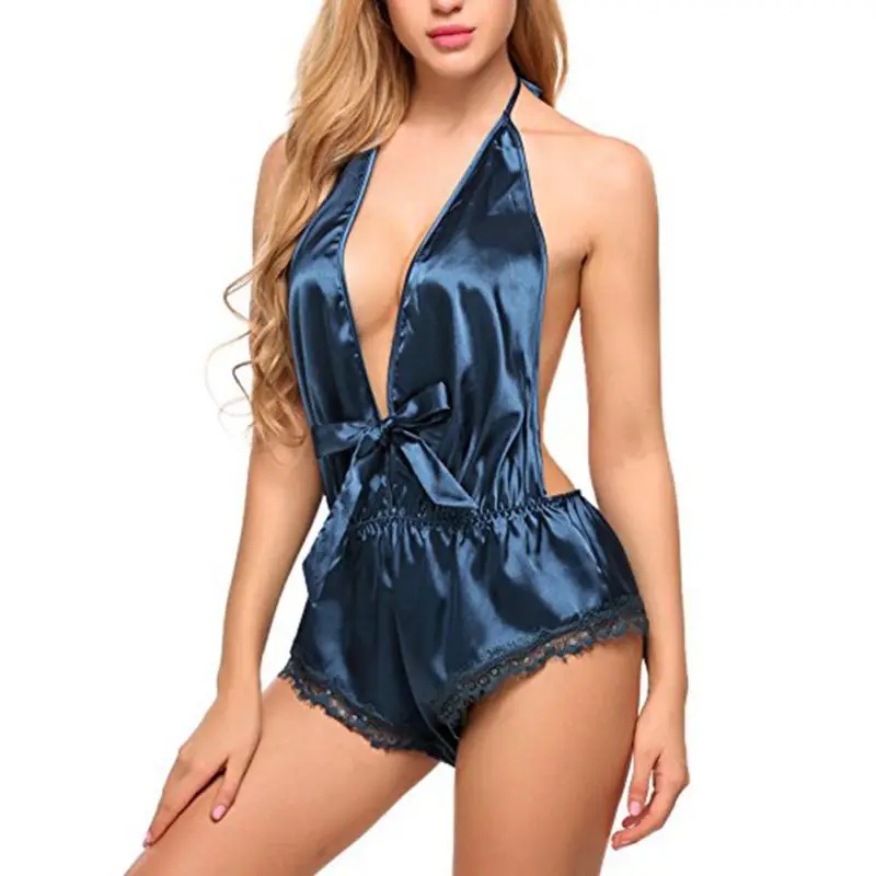 

New Sexy Women Underwear Lace Deep V-neck Baby Doll Off Shoulder Plus Size Backless Sleepwear Nightgowns Ladies Silk Pajama W1