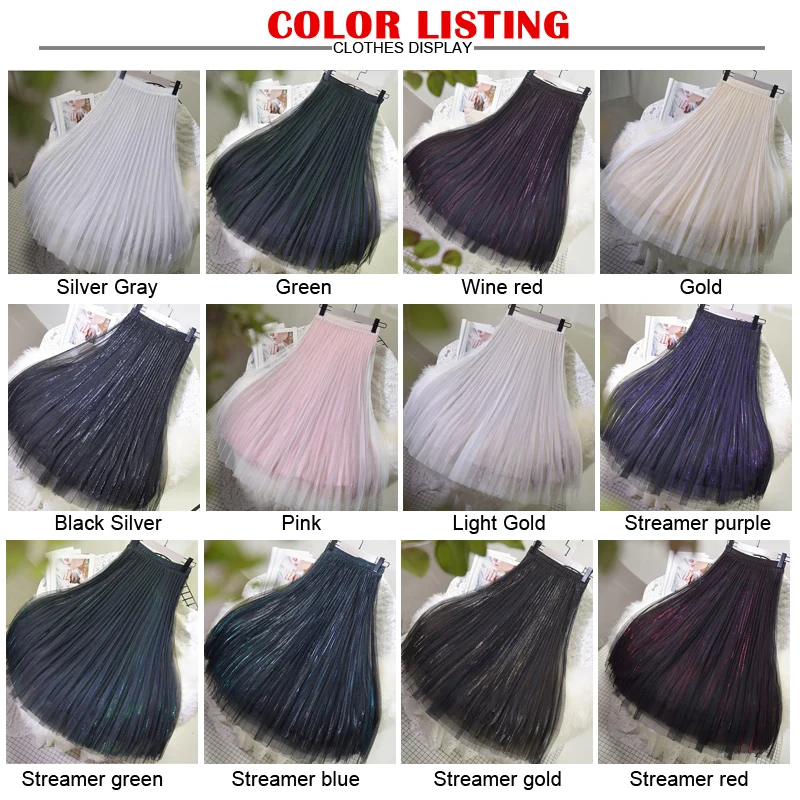 Women's 3 Layer Bright Tulle Skirt Ladies Korean High Waist Shining Tutu Skirt Pleated Mesh Midi Skirts Faldas Autumn