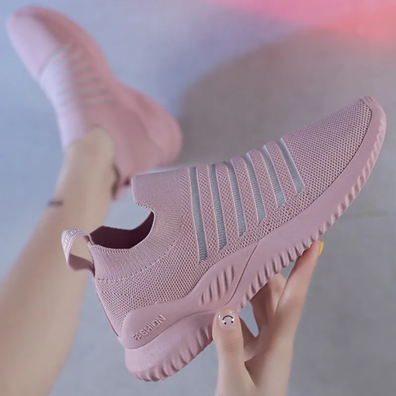 

Shoes Women Summer Mesh Breathable Hollow Stripe Slip-on Vulcanize Shoes Ladies Pink Black Chunky Platform Sneakers Female 1008w