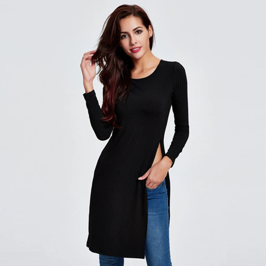 Europe Fashion Autumn New Long Tops Full Sleeve Black T shirts Women Sexy Cool Side Split Female