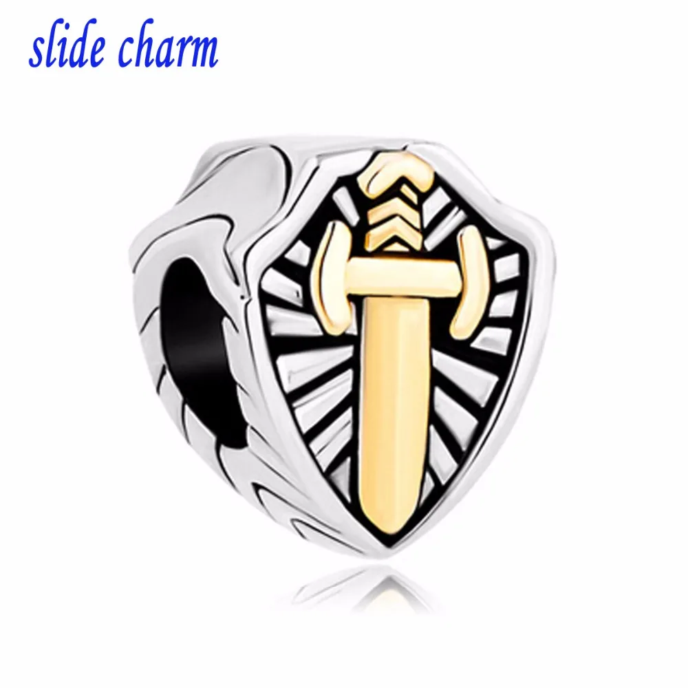 

slide charm Free shipping religious knight sword shield gold cross charm beads fit Pandora bracelet