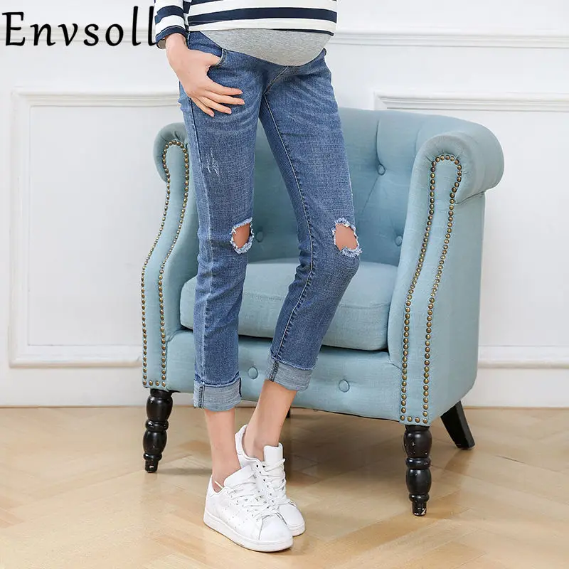 

Envsoll M-4XL Hole Cowboy Maternity Jeans Pants 2018 Spring Summer Foot Fringe Cropped Pants Pregnancy Jeans For Pregnant Women