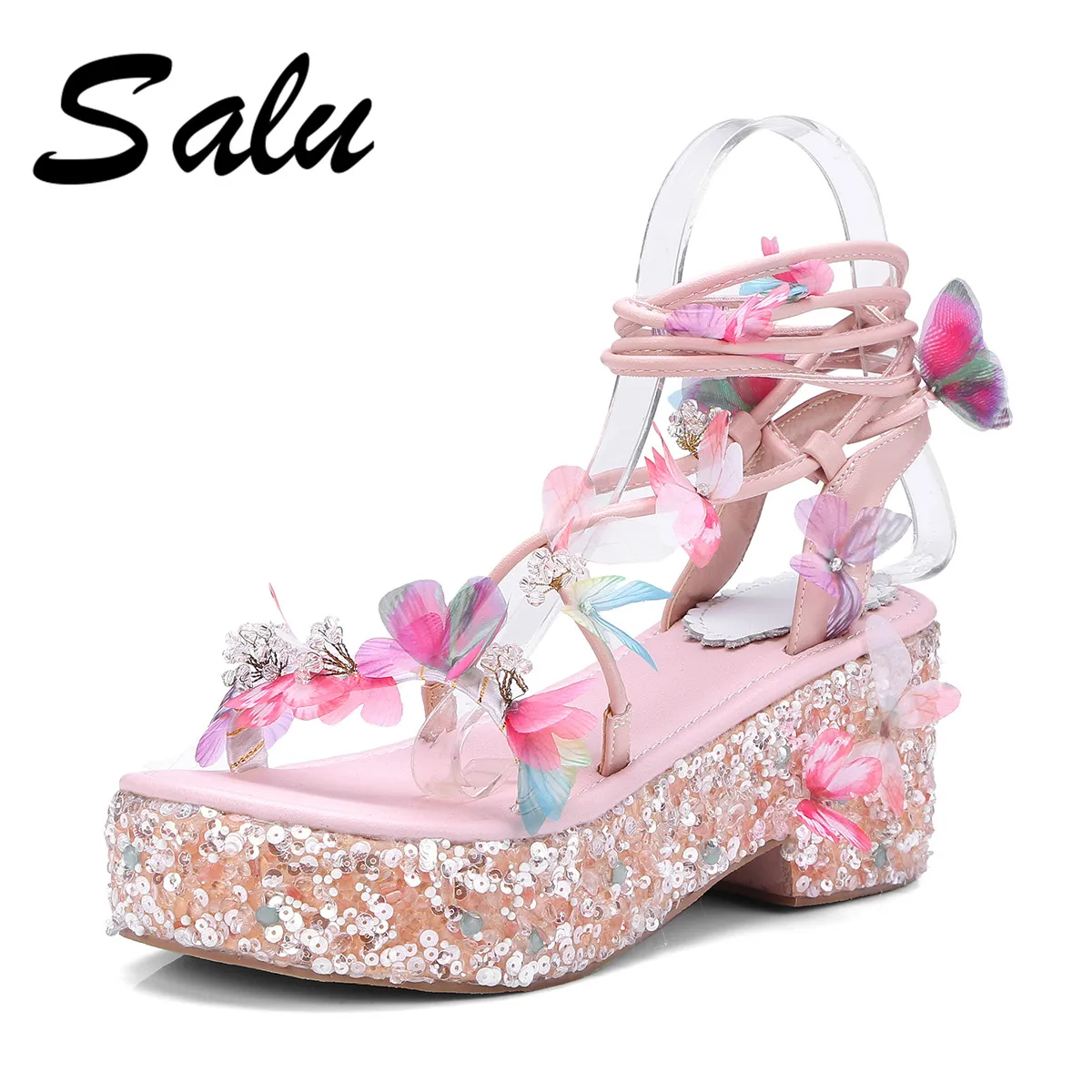 

Salu 2019 Genuine leather Sandals Women Leather Fashion lace up Summer Ladies Party Shoes Platform Heels Back Comfortable