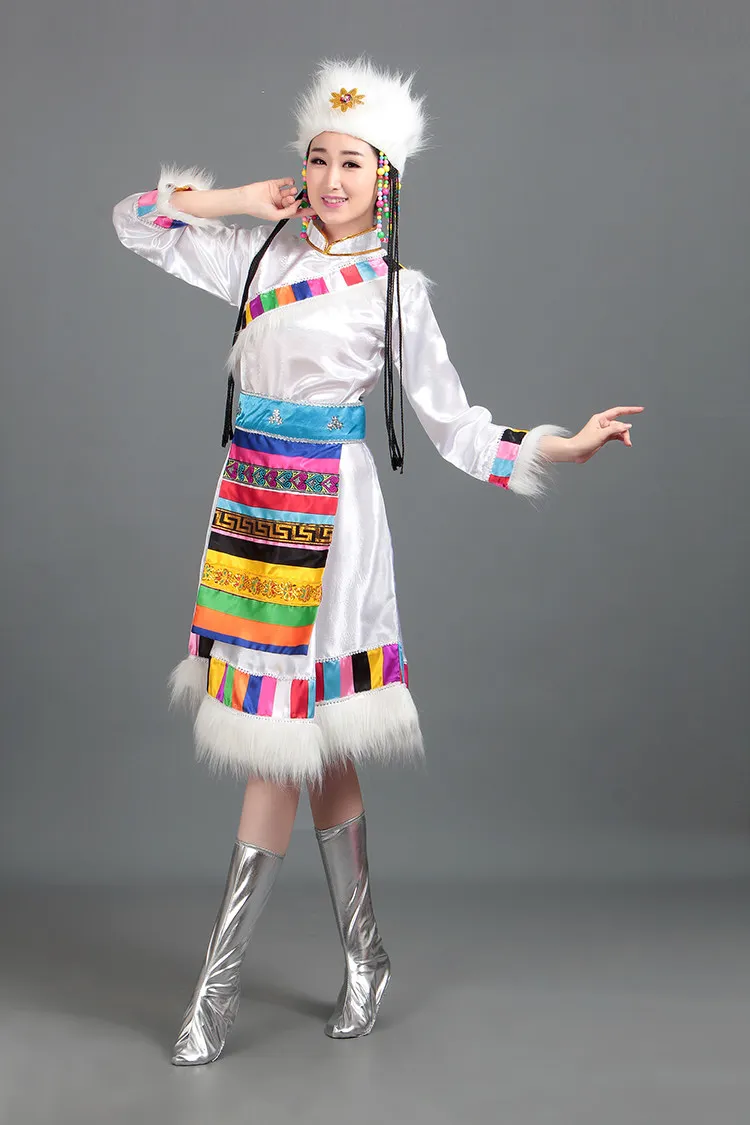Одежда Белый Тибетский танцевальный костюм Женская этническая одежда с коротким рукавом Открытие юбки монгольская одежда сцена загрузка