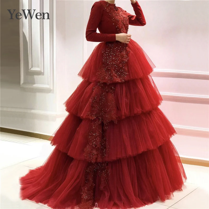 

Muslim Wine Red High Neck Wedding Dress Design 2020 Long Sleeves Tiered Crystal Wedding Gowns vestido de novia YeWen