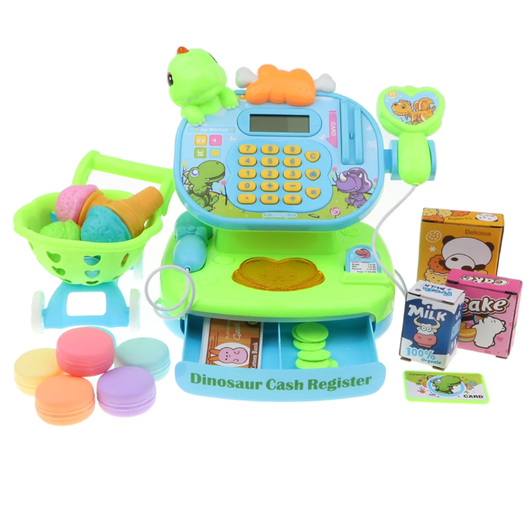 Dinosaur Electronic Cash Register With Scanner Toy - Pretend Play Supermarket Checkout Game w/ Shopping Cart & Play Food Grocery Dinosaur Electronic Cash Register With Scanner Toy - Pretend Play Supermarket Checkout Game w/ Shopping Cart & Play Food Grocery