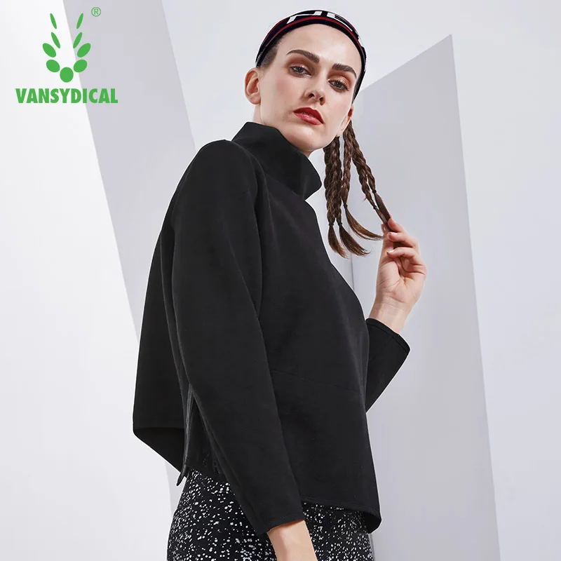 Vansydical стиль для женщин спортивная Молния Эластичный Черная рубашка куртка ветровка хлопок воротник бег свитер