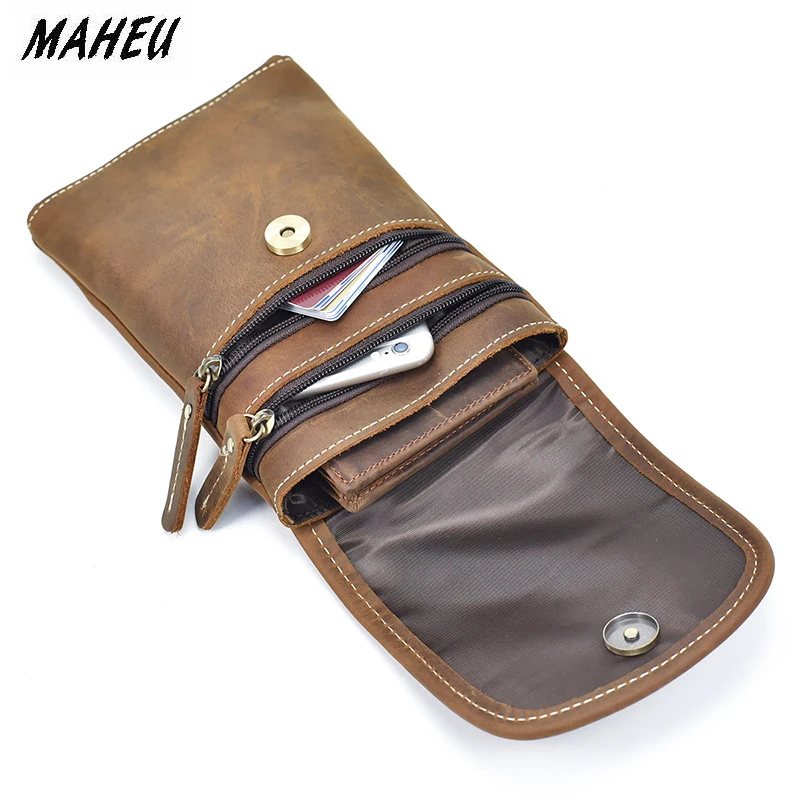 

MAHEU Leather Men Chest Bag 8" Phone Cigarette Pouch Genuine Leather Mini Fanny Pack Men Male Small Waist Pack Magnetic Button