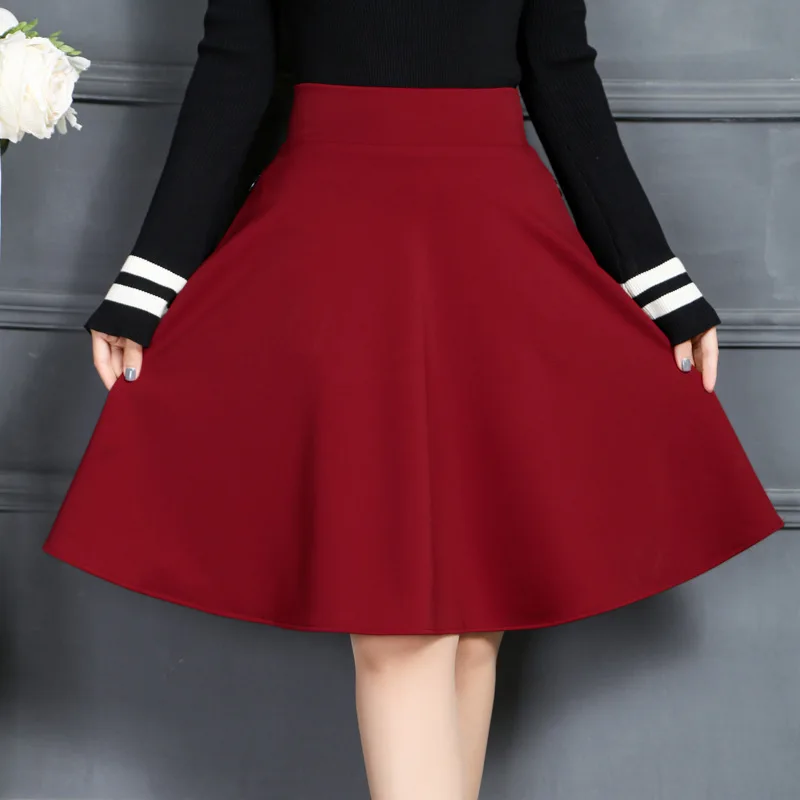 Весенняя и весенняя женская юбка миди, корейская мода, тонкая эластичная юбка с карманами и высокой талией, юбка трапециевидной формы размера плюс, черная сексуальная юбка - Цвет: Red wine