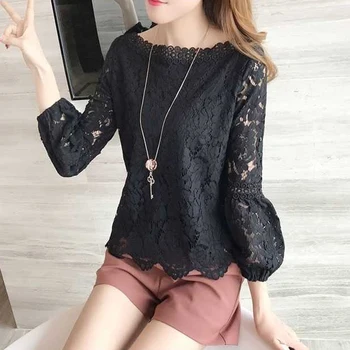 

womes tops and blouses fashion black white slim Blouse female Lace ladies shirt summer tops for women 2019