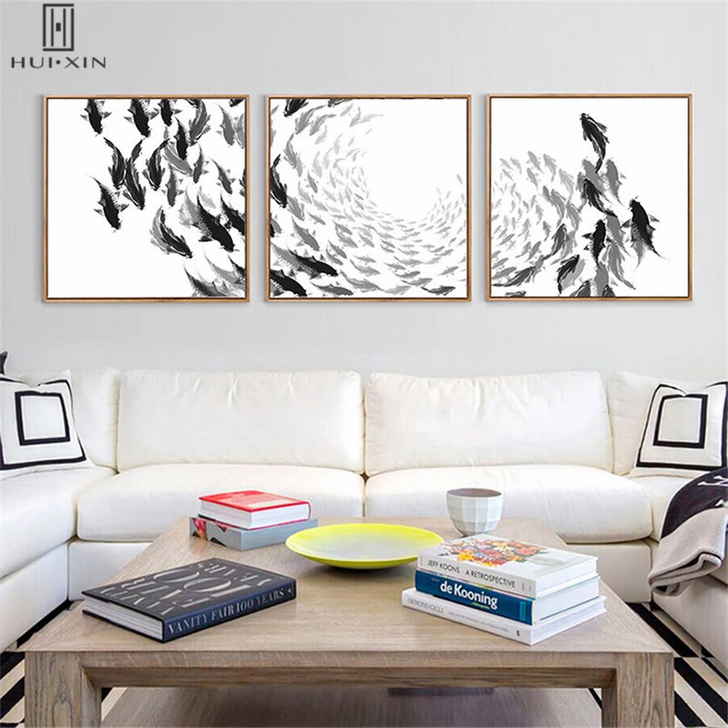 

Wall Art Canvas Printing Different Kinds Of Fish Moving To The Same Direction Decorative Paintings For Home Decoration Picture