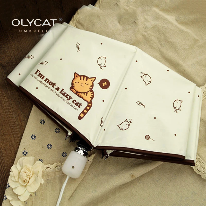 Baratos OLYCAT Paraguas automático de la lluvia de las mujeres gato plegable paraguas a prueba de viento negro revestimiento Anti UV sombrilla mujeres paraguas de chica