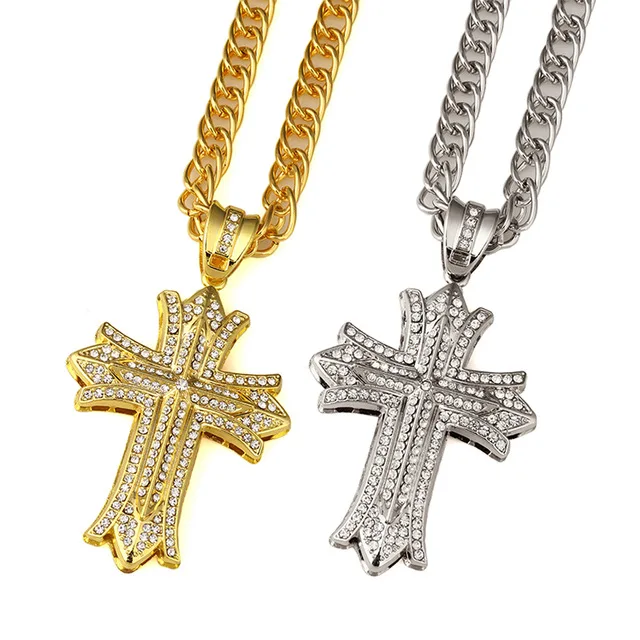Church Golden Crossing Double Lace Necklaces Crystal Chain Men Women