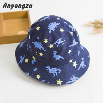

48cm 1-2 Years Boy Girl Baby Blue Dinosaur Pattern Bucket Hat Adjustable Cap Strap Summer Pure Colour Sunshade Children Sunhat