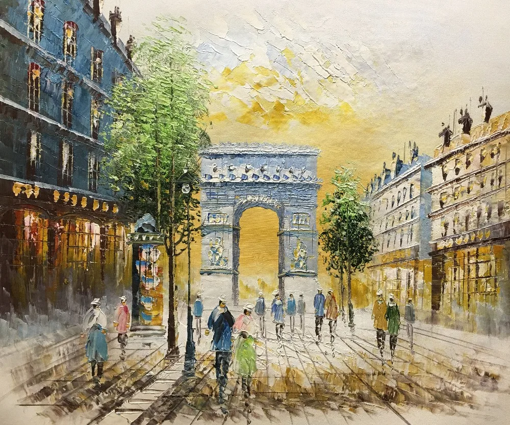 Hand Painted Modern Abstract Paris Street Painting Arc de Triomphe Scene Landscape on Canvas Art