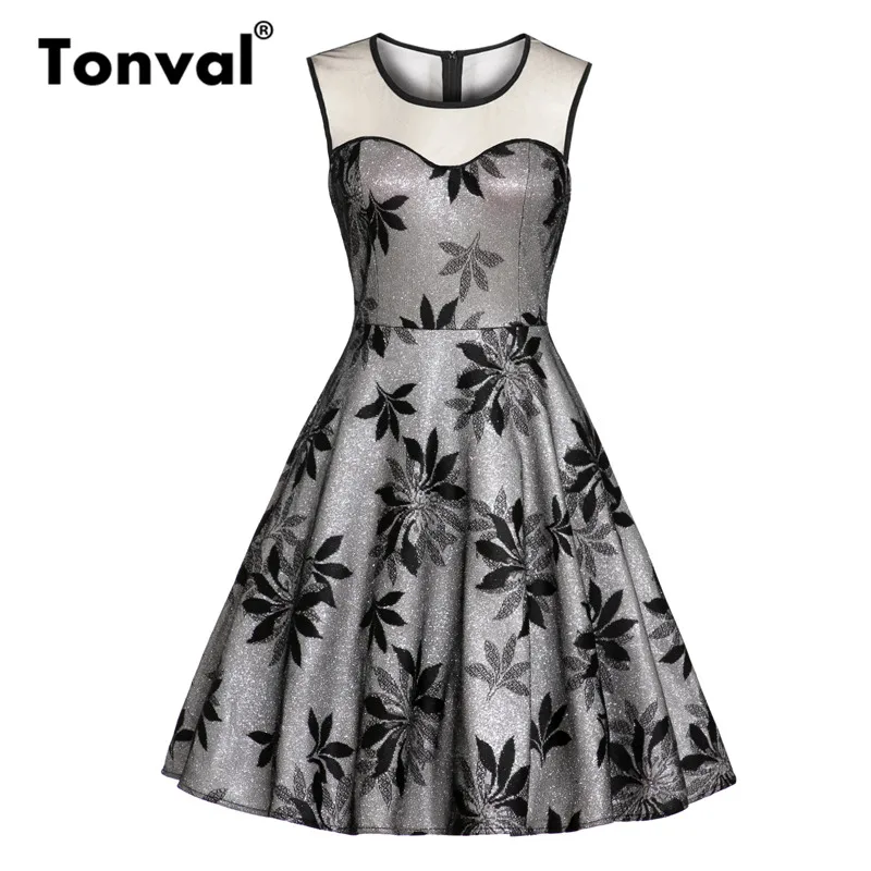 

Tonval Vintage Silver Elegant Embroidery Floral Dress Women Glamorous Mesh Contrast Sexy Dresses Cocktail Party Night Dress