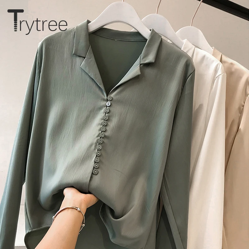 Блузка Ttytree Женская с длинным рукавом повседневная офисная Однотонная рубашка из