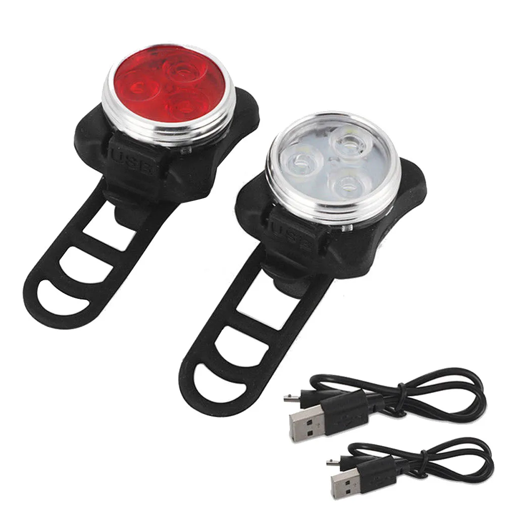 USB Rechargeable 4 Modes Bicycle 3 LED Bike Head Front Tail Clip Light Lamp Set