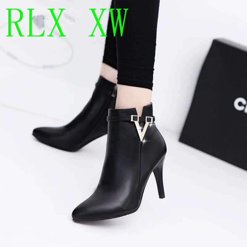 

2019 Spring Autumn Stiletto Thin High Heels Pointed Toe Faux Leather Zipper Style Sexy Ankle Womens Boots Bota Feminina