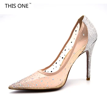 

THIS ONE Mesh Crystal High Heels Pumps Thin Heels Women Pumps Ladies Girl Fashion Summer Pointed Toe Shallow High Heel Shoes